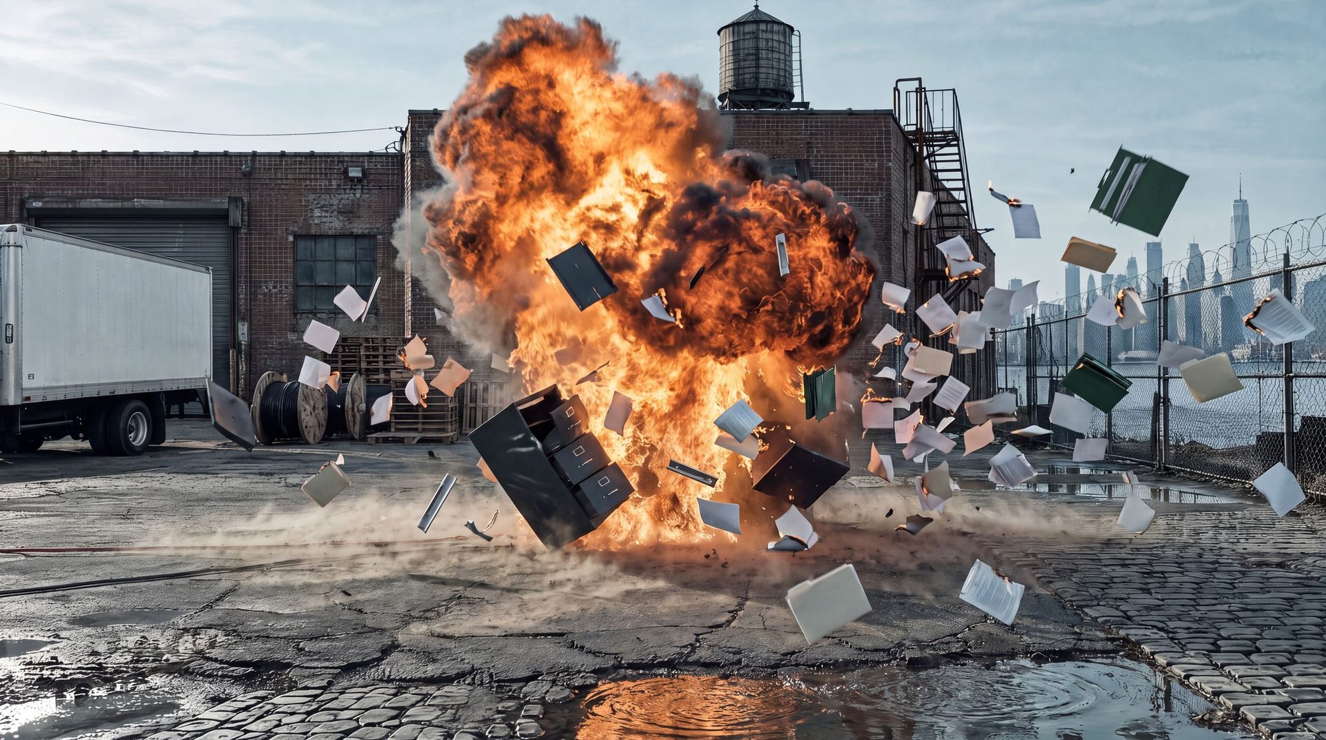 A filing cabinet of client proposals explodes in an AV yard, paper everywhere, the New York skyline behind