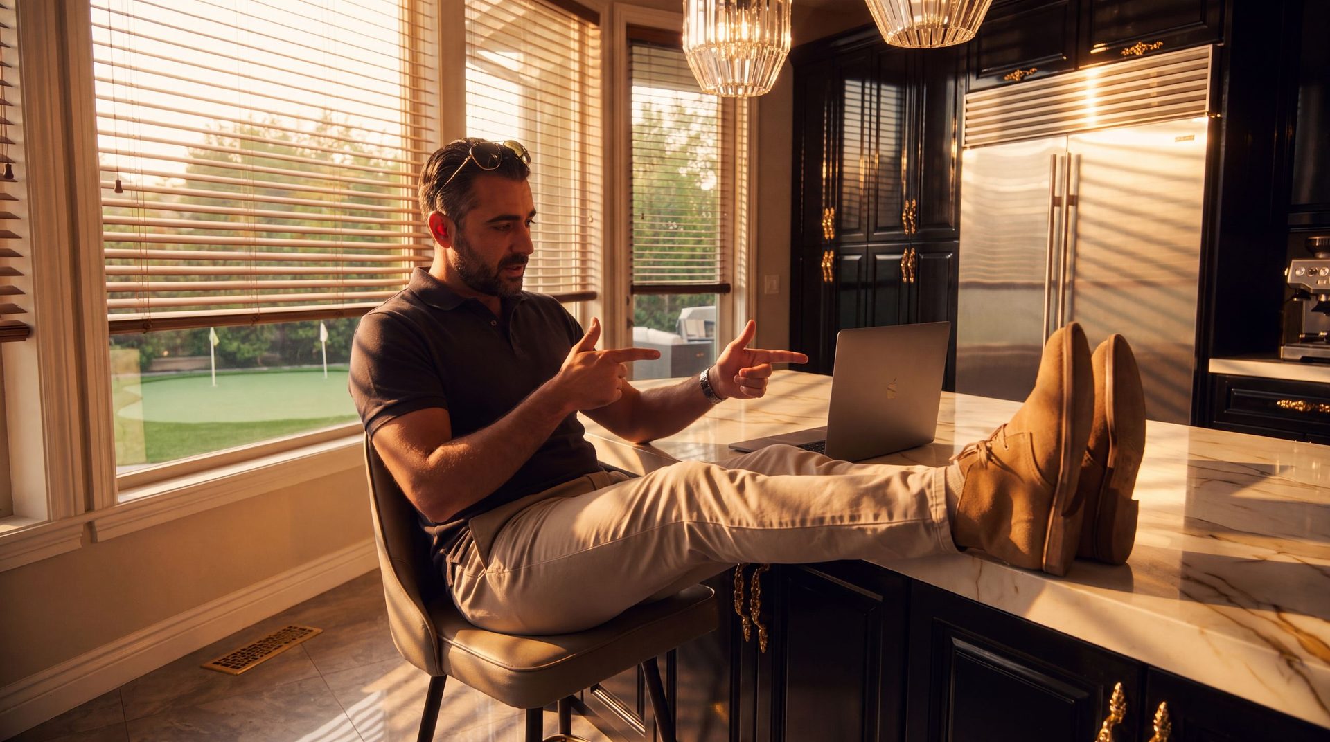 An integrator leans back with his feet up at the kitchen island while the proposal builds on his laptop
